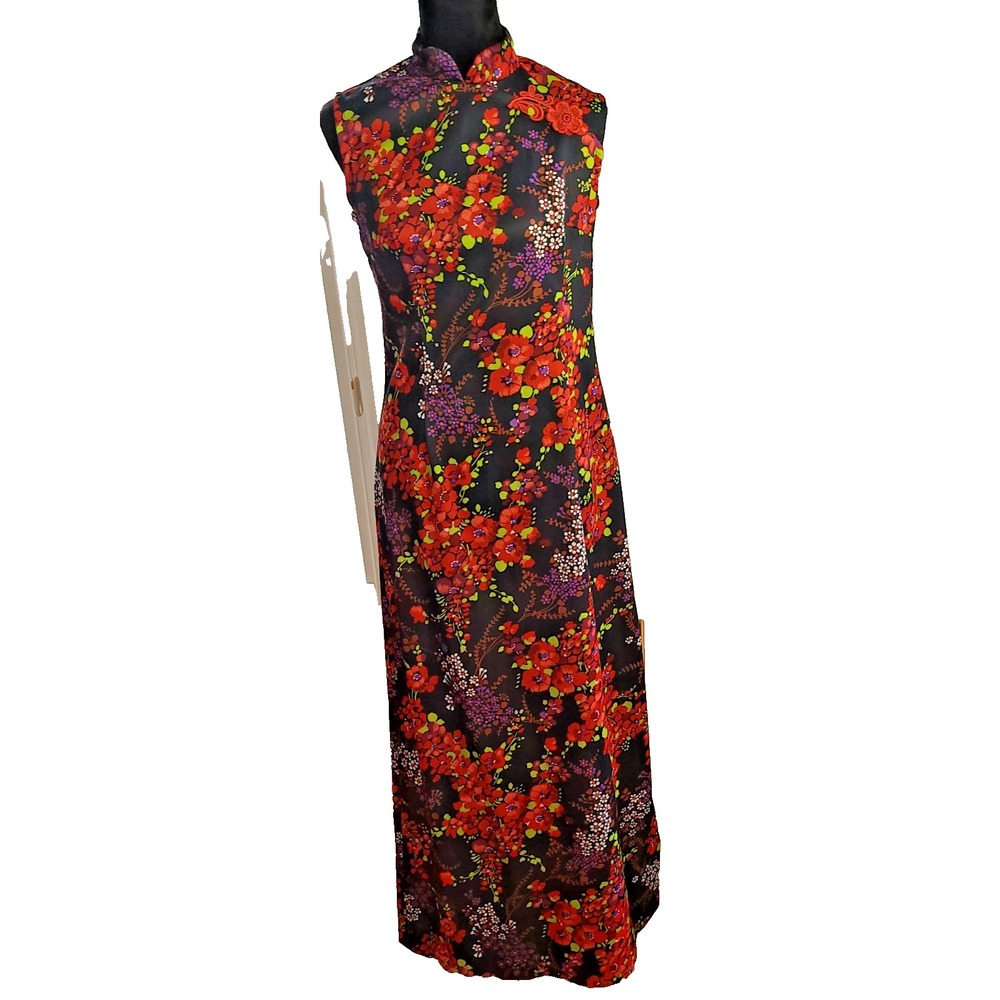 Vtg 60s/70s Mod Cheongsam Style Maxi Dress Side Slit Mandarin Collar Med Handmad